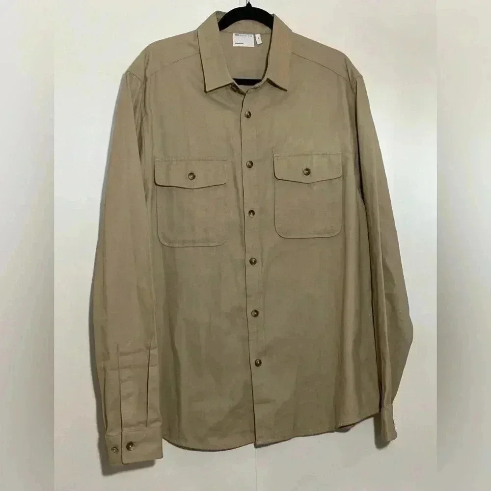 Asos men beige button down collared long sleeve gorpcore casual  work shirt s-XL